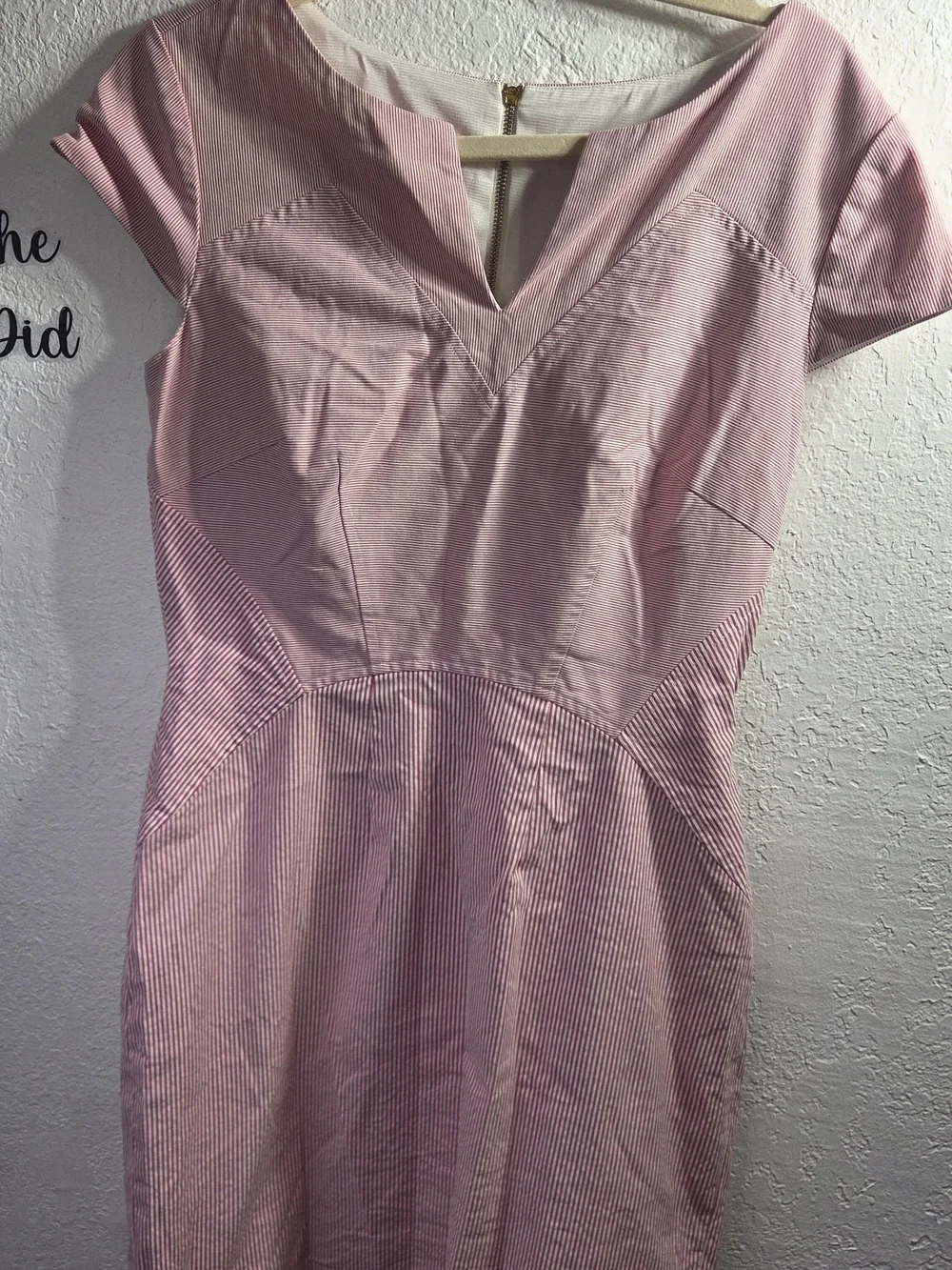 Antonio Melani Pink White Seersucker Striped V-Neck Sheath Dress Size 6